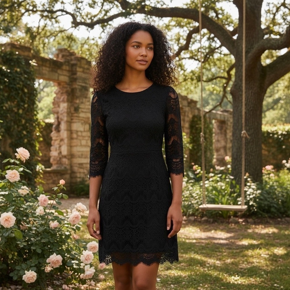 Altar'd State Women's Black Crochet Lace 3/4‎ Sleeve Sheath Mini Dress Size XS